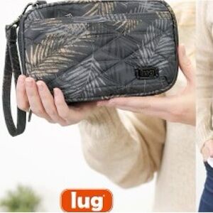 Lug Roundabout convertible wallet/wristlet/ bag with a palm leaf pattern